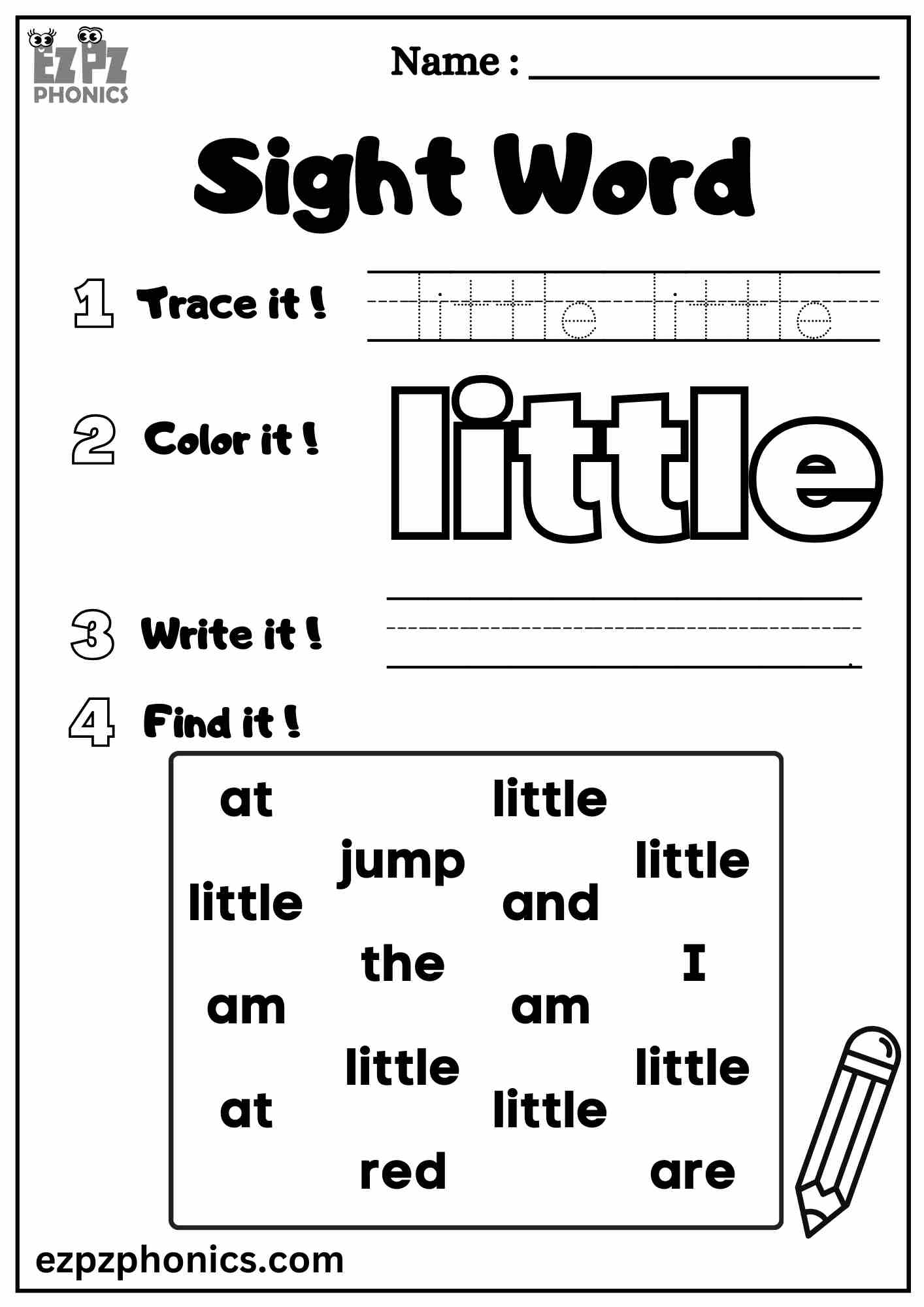 The "Little" Sight Word Worksheet for Pre-Kindergarten Students Dolch Sight Words Free PDF Download